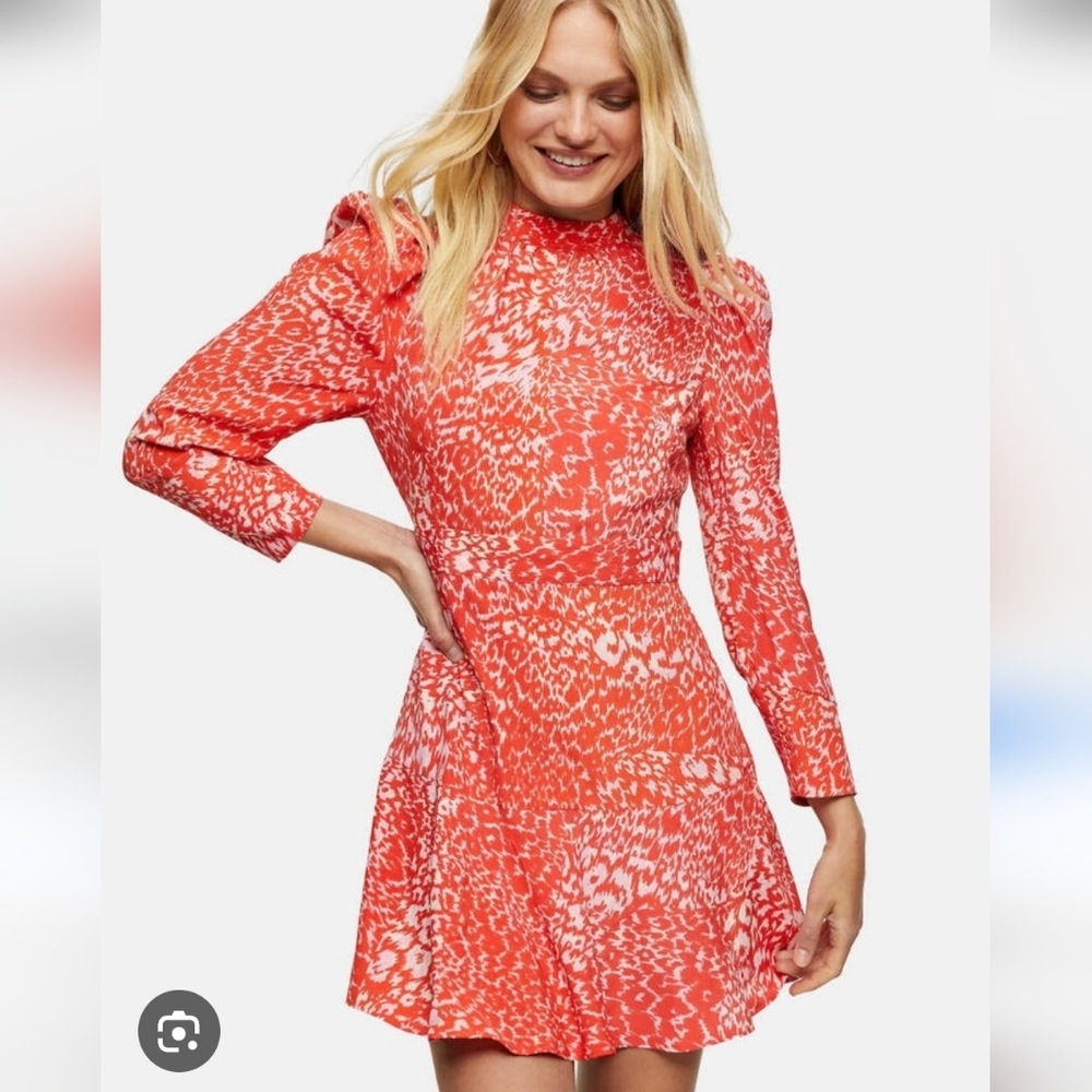 Topshop Orange Mini A Line  Leopard Print High Neck Open Back Dress